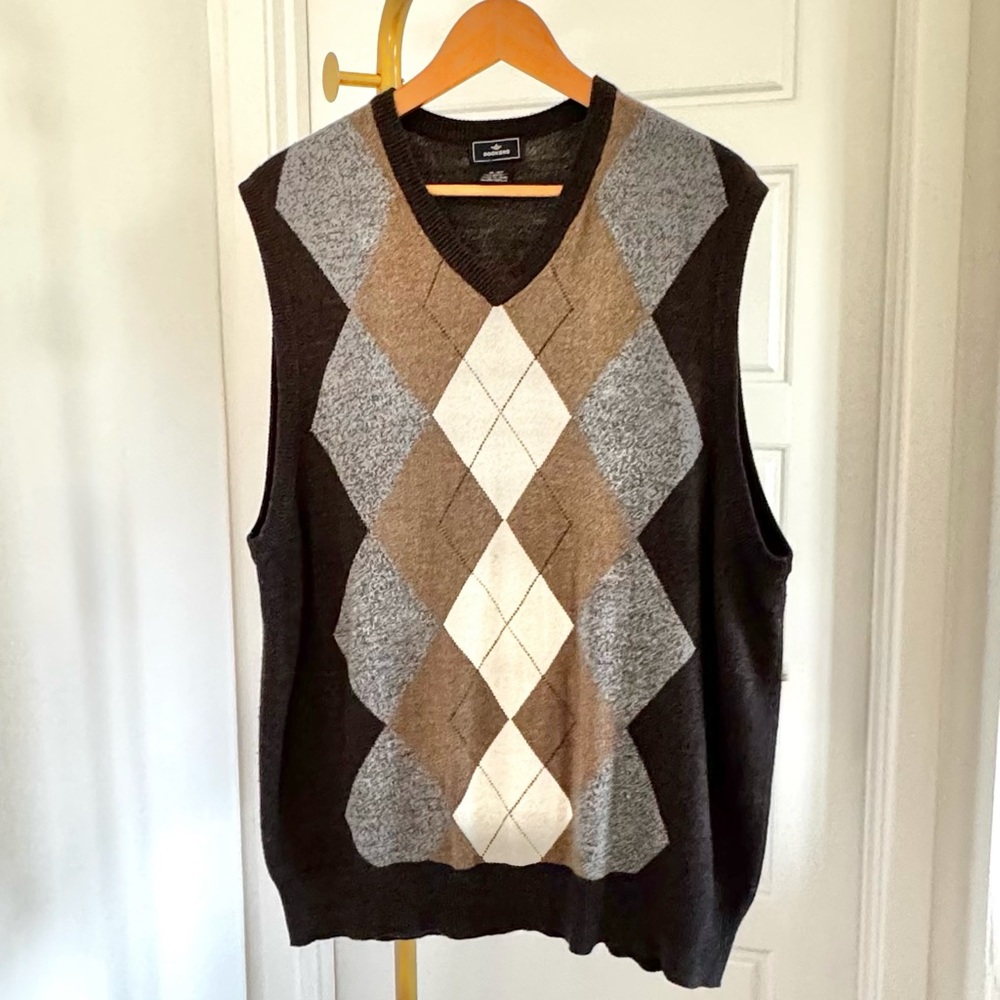 Men's Retro Brown Gray White Argyle Grandpacore V Neck Sweater Vest‎ Size XL